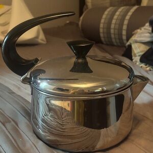 Vintage ~1960 Faberware Stainless Steel Teapot with Black Handle